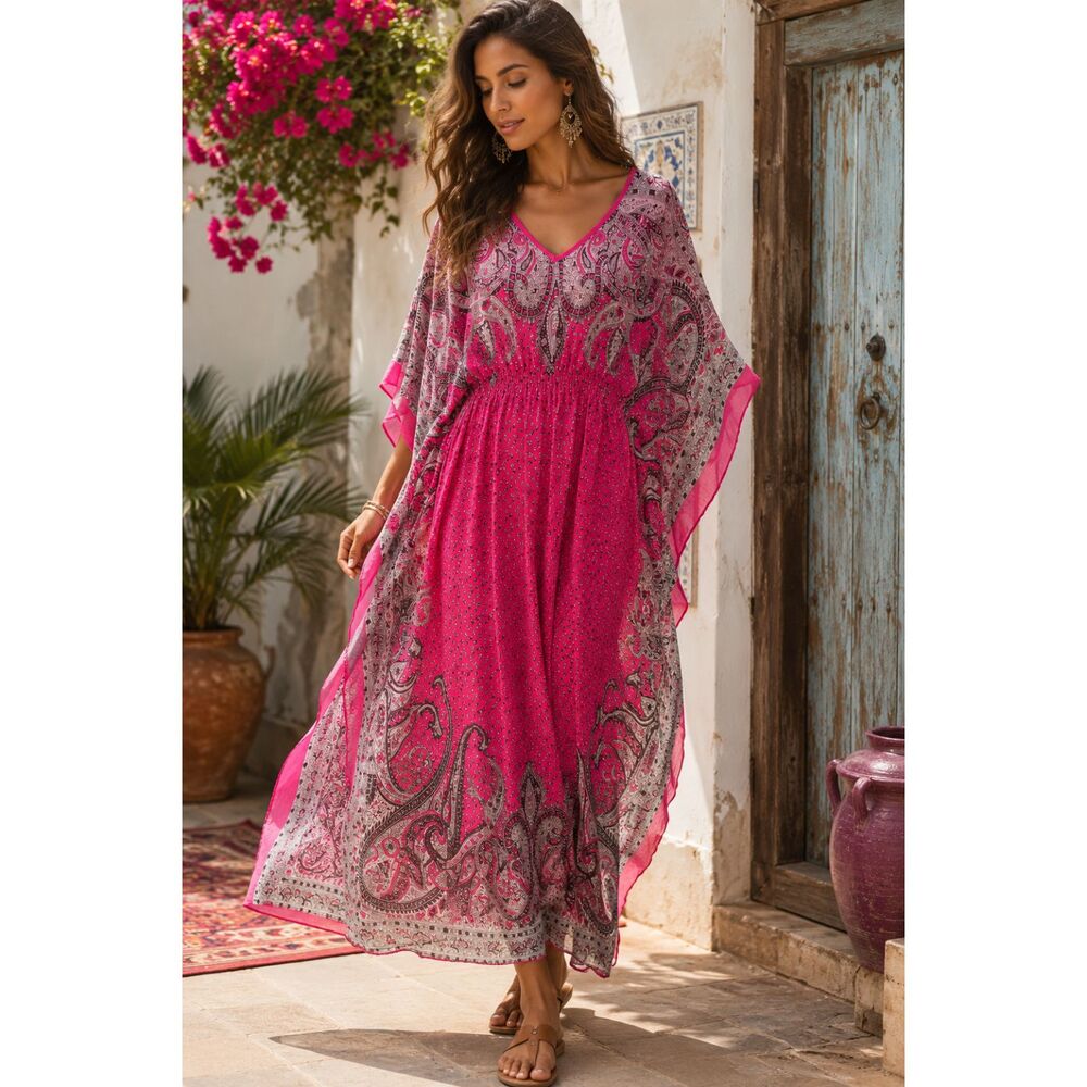 Pink Paisley Boho Caftan Maxi Dress | Sheer Kimono Sleeve Resort Beach Cover Up